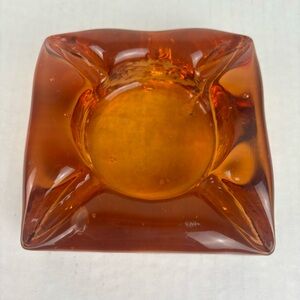 Vintage handblown cube ashtray in orange amber glass